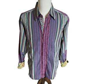 Robert Graham Striped Button-Down Shirt with Contrast Cuffs and Placket Embroide